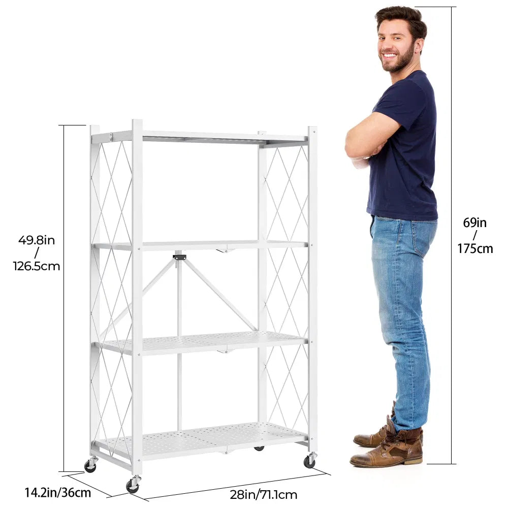 4-Tier Foldingstorageshelves With Wheels, Foldable Metal Rack