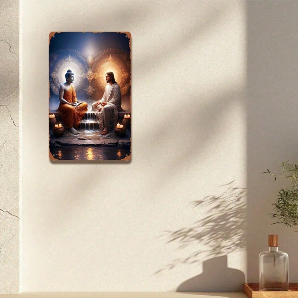 Vintage Metal Wall Art Buddha Jesus 2D Flat, Monastery Scene Religious