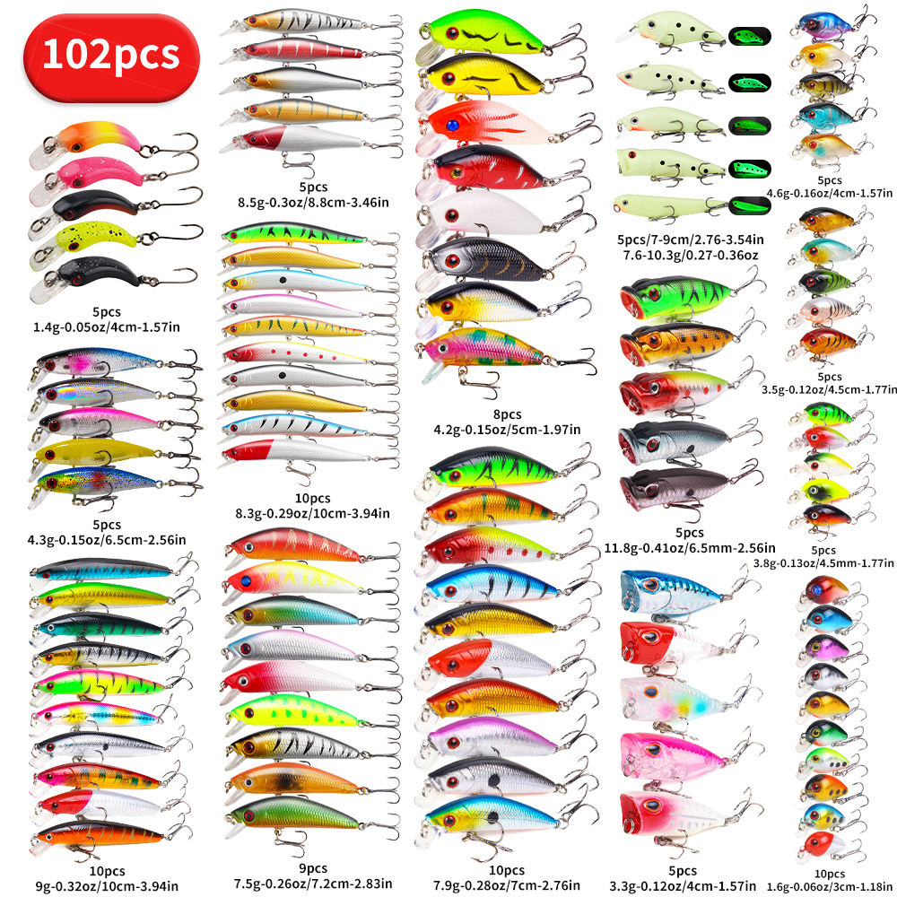 Topwater Fishing Lure Set (22, 58 or 102 Pieces)