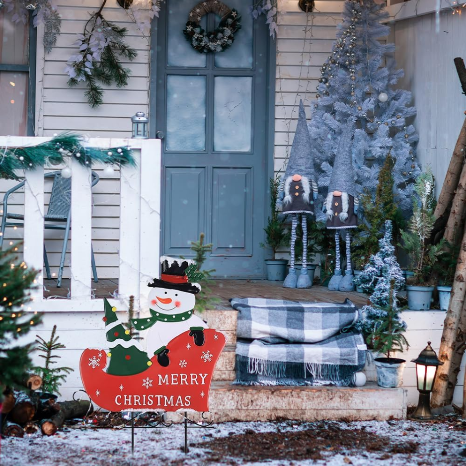 Outdoor Christmas Decorations, Metal Snowman With Sleigh Decorative
