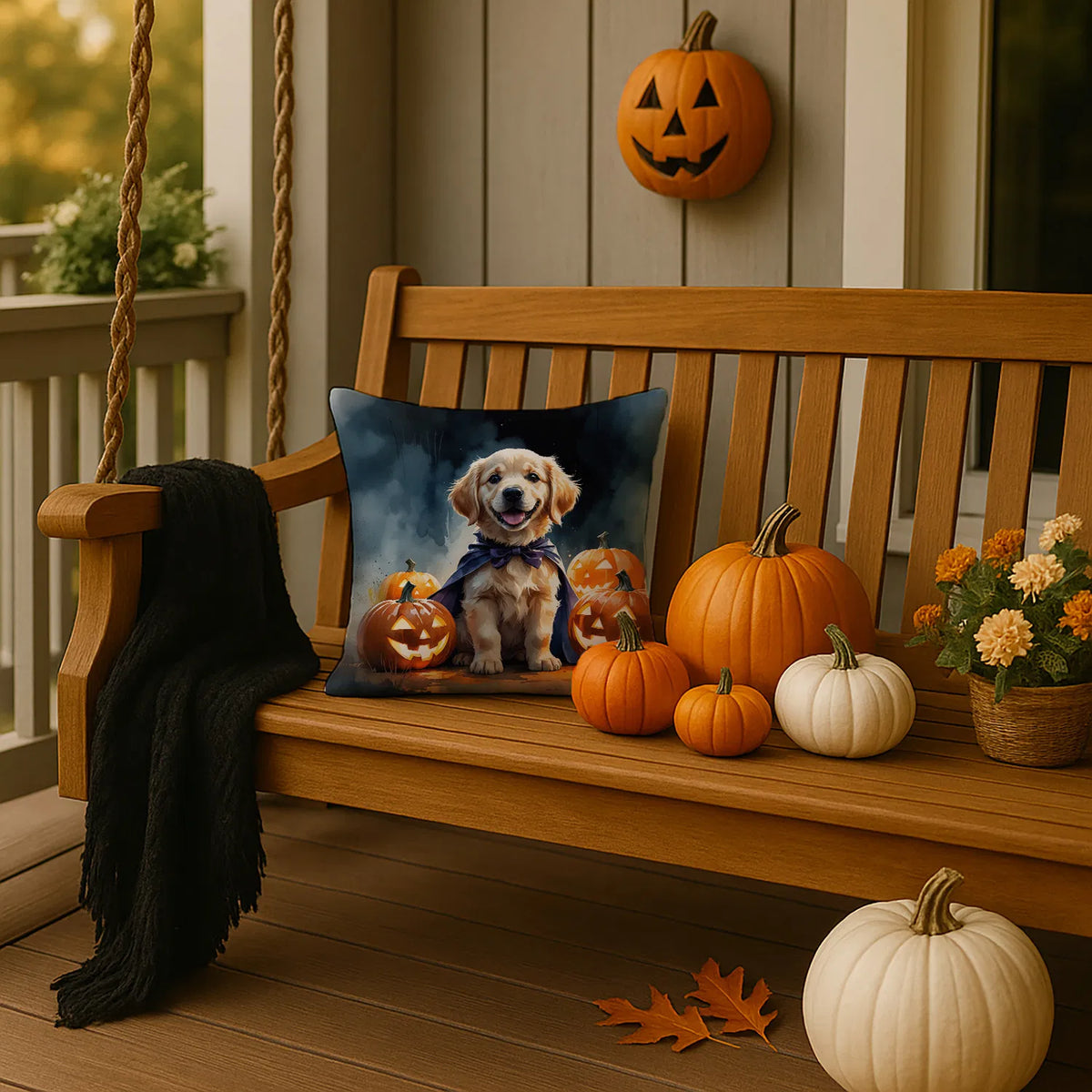 Golden Retriever Puppy Halloween Throw Pillow Machine Washable, Indoor
