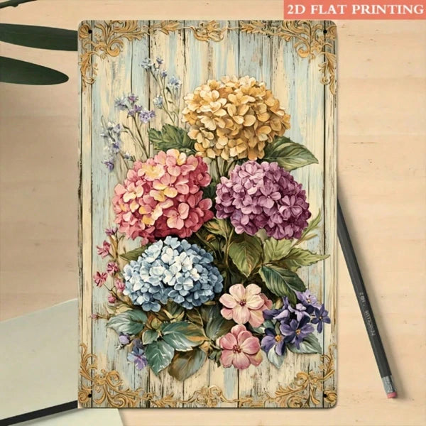 Vintage Metal Iron Sign Vibrant Hydrangea Bouquet With Golden Accents