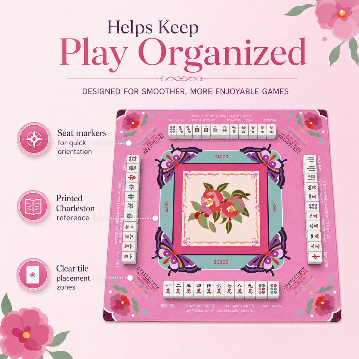 American Mahjong Playing Mat With Printed Charleston Guide, 80 X 80cm