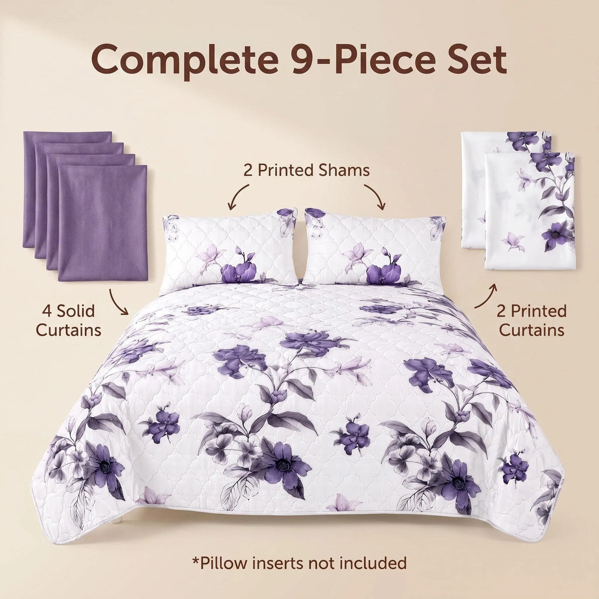9-Piece Purple Floral Bedspread And Curtain Set For California King