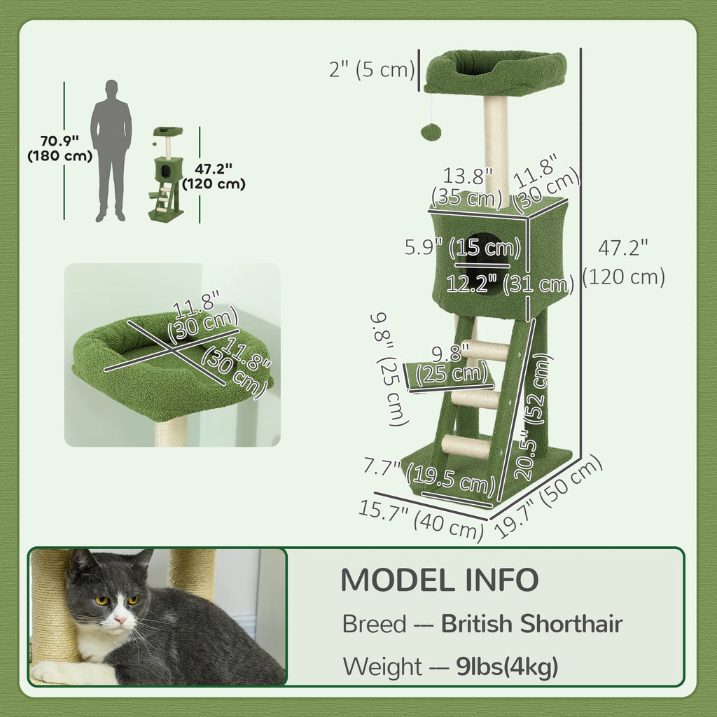 47" Tall Cat Tree Tower With Condo, Ladder, Scratching Posts