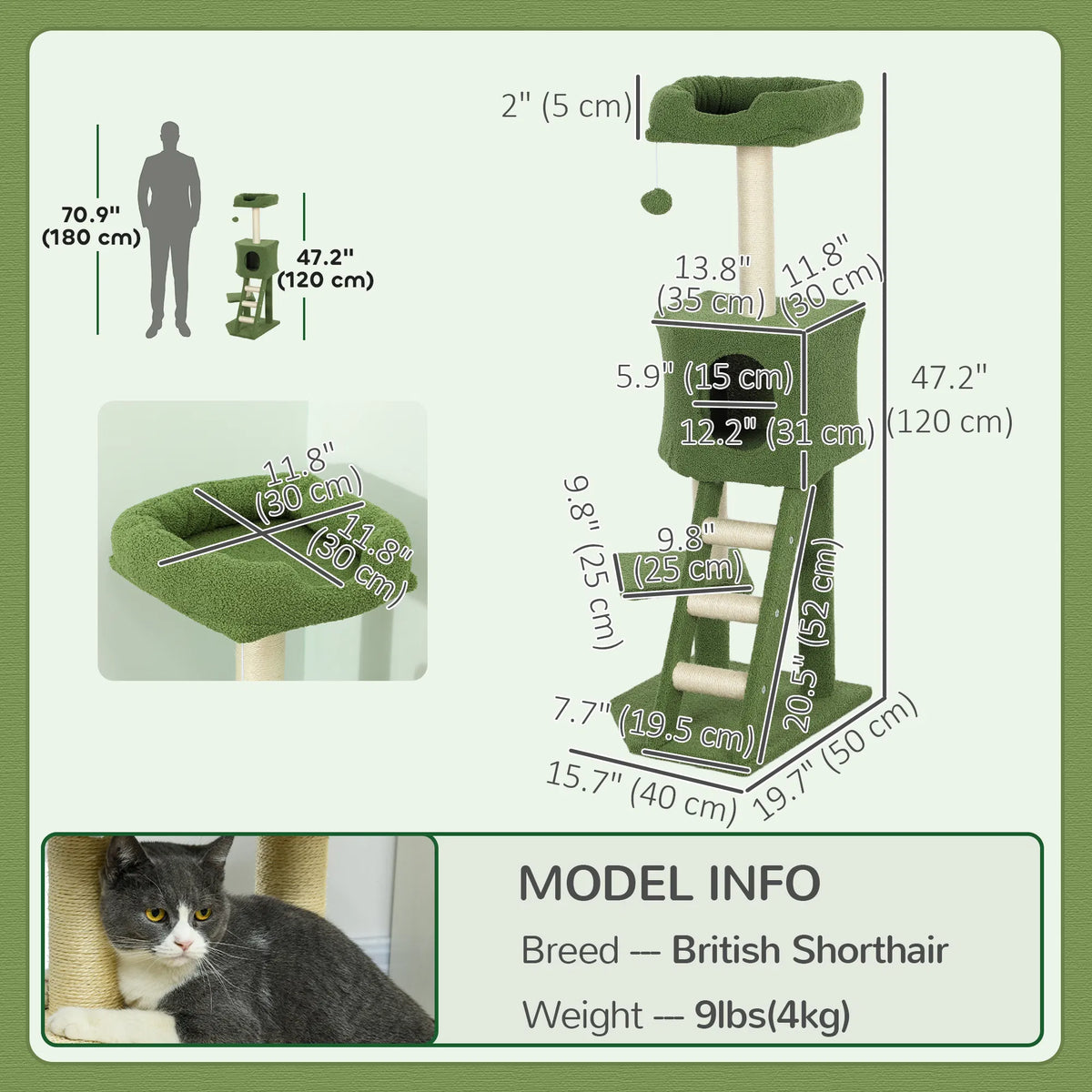 47" Tall Cat Tree Tower With Condo, Ladder, Scratching Posts