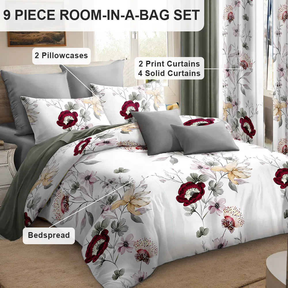 9-Piece Sage Green Watercolor Floral Bedding & Curtain Set - Quilted