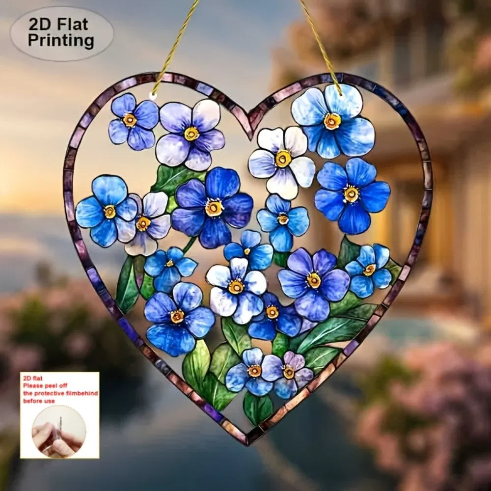 Acrylic Blue Floral Heart Stained Glass Style Sun Catcher Window Wall