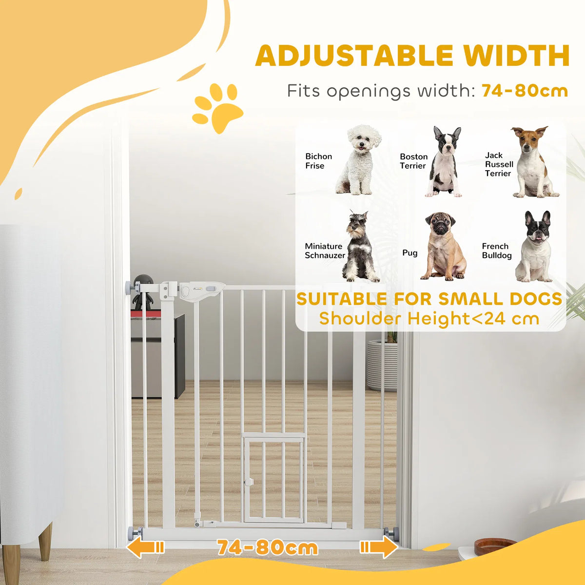 Pet Gate Extra Wide Press-mounted With Cat Door, Auto Closing Pet Gate