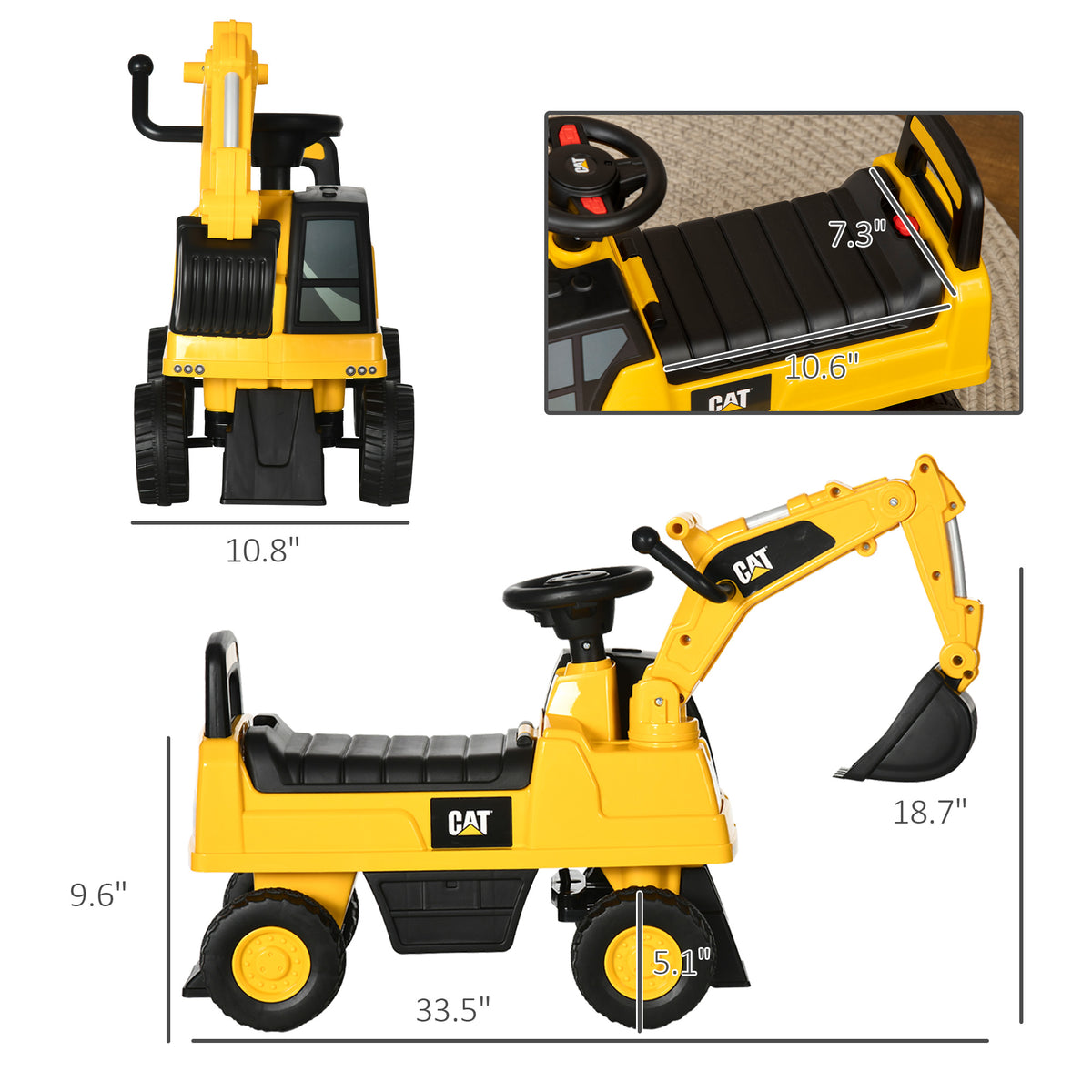 Kids Excavator Ride On Toy CAT Licensed With Manual Shovel, Horn