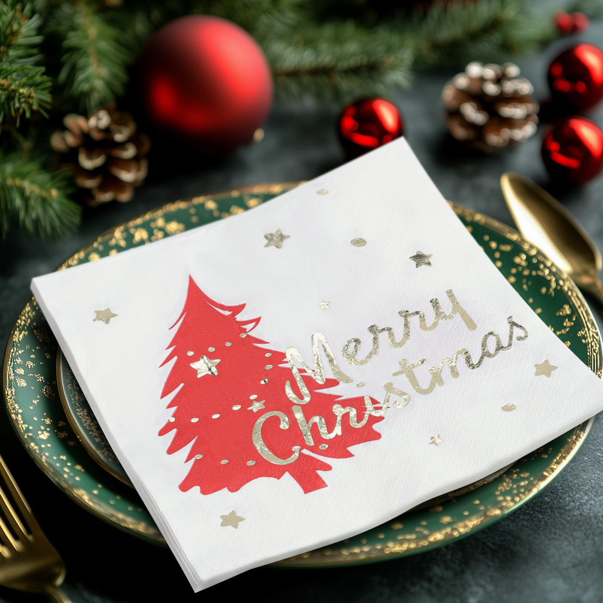 80 Pcs Christmas Napkins, Disposable Printed Xmas Tree Cocktail Napkins