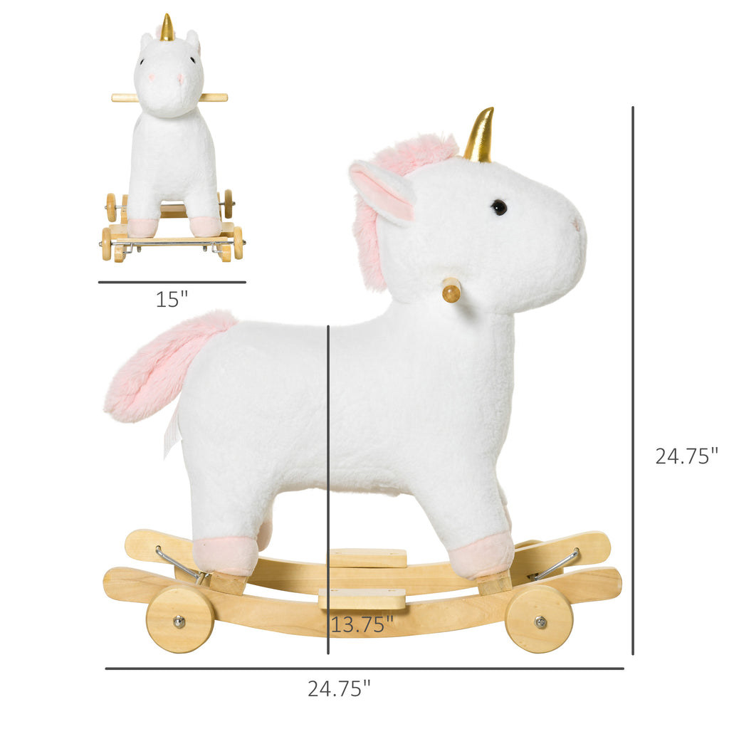 2 In 1 Kids Rocking Horse, Rolling Unicorn With Sound, Wooden Base