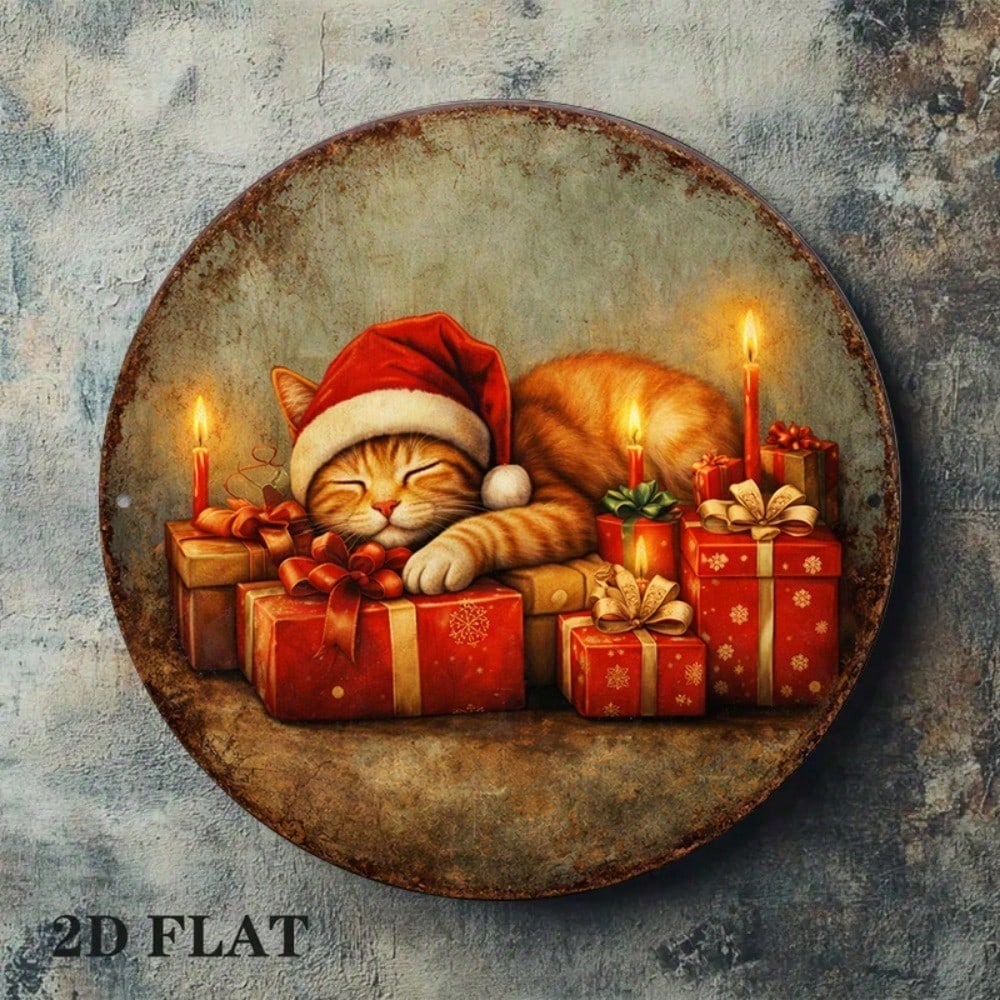 Vintage Christmas Kittens Round Sign 8x8in Cute Xmas Wall Decor