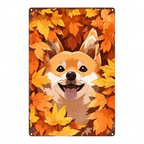 Cute Shiba Inu Metal Sign Autumn Leaves Dog Plaque Sturdy Tin Wall Art