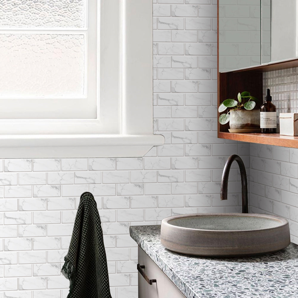 White Marble Look Peel And Stick Tiles Water And Oil Proof PVC Self