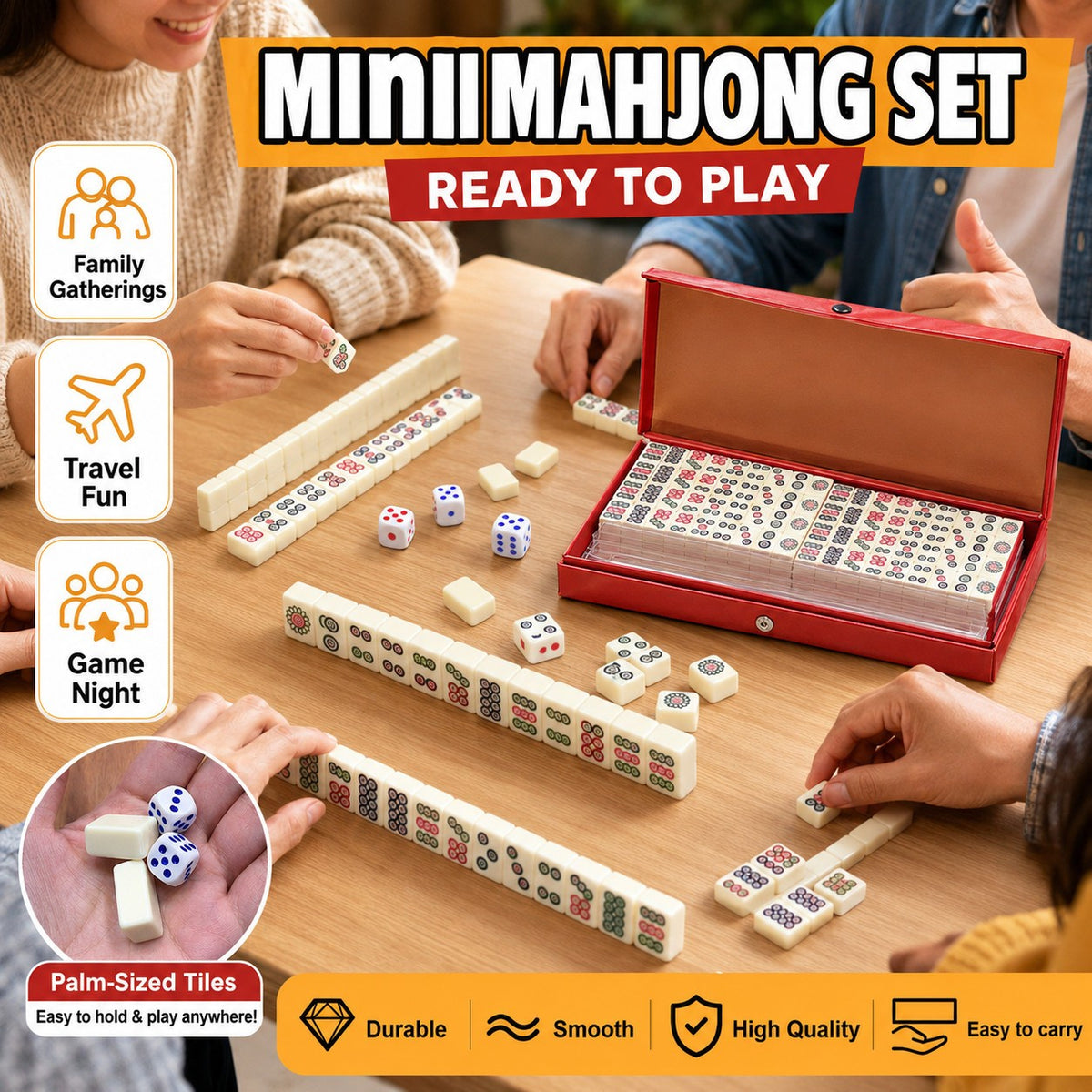 Pocket Mahjong Set 144 Mini Tiles 2 Dice Red Case Family Travel Games