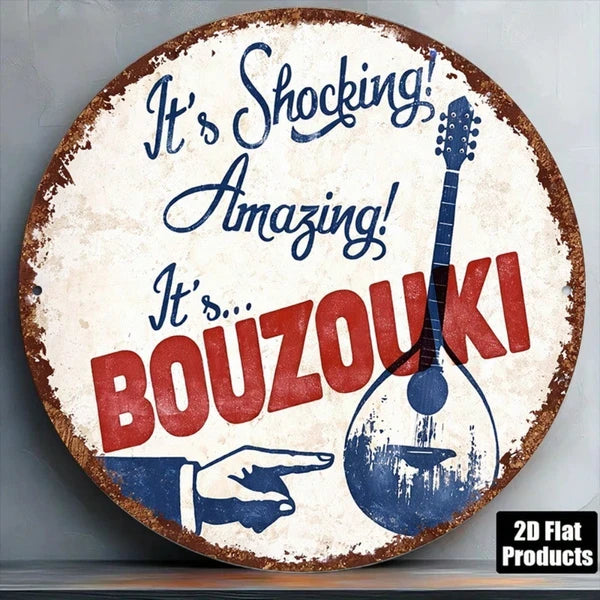 1pc 8x8in Vintage Bouzouki Instrument Round Sign, "" Instrument Round