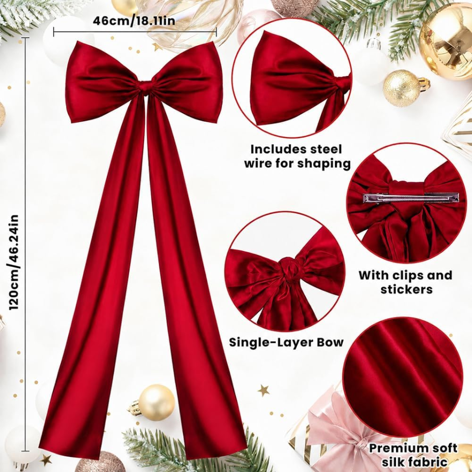Large Wine Red Satin Christmas Tree Topper Bow, Elegant Holiday Decor