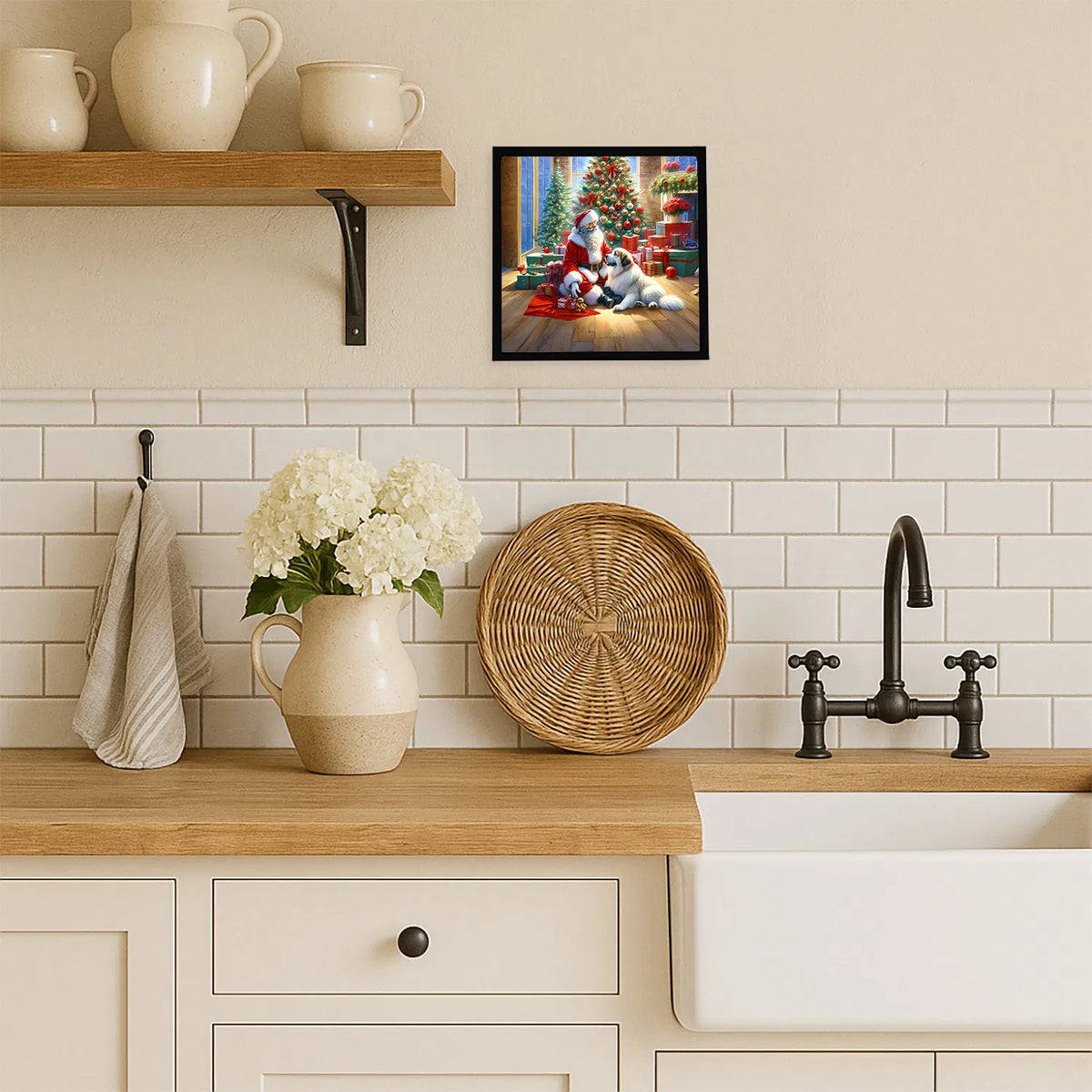 Great Pyrenees And Santa Claus Framed Metal Print Bathroom, Kitchen