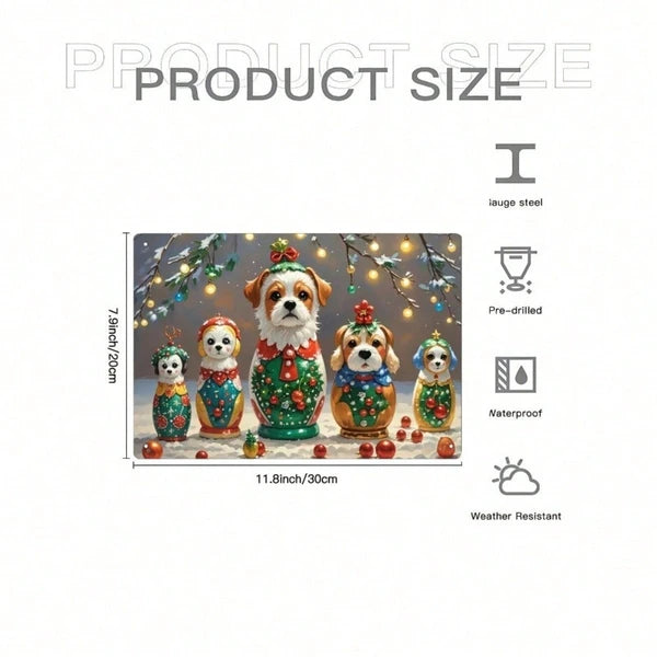 Christmas Eve Puppy Russian Nesting Dolls Tin Sign, 8x12 Inch Vintage