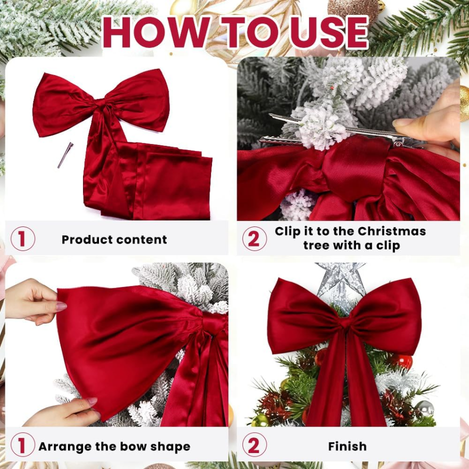 Large Wine Red Satin Christmas Tree Topper Bow, Elegant Holiday Decor