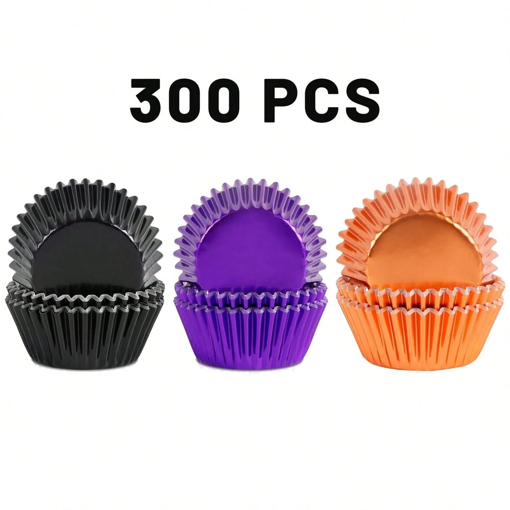300 Pcs Halloween Foil Cupcake Liners Black Purple Orange Foil Metallic