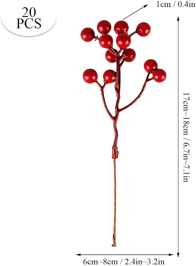 20-Pack 7-Inch Artificial Red Berry Picks For Christmas Tree Decorations