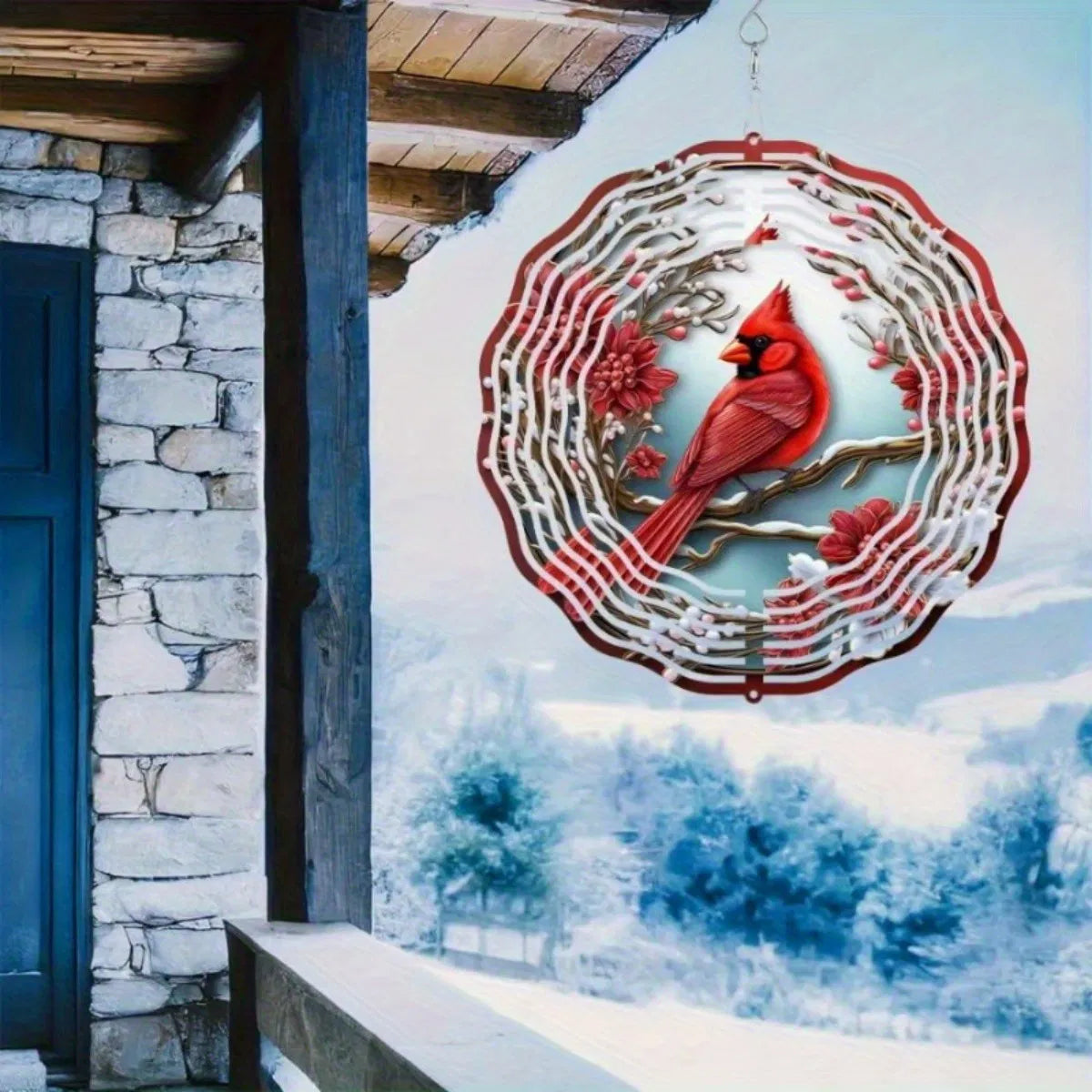 Vibrant Red Cardinal Wind Spinner With Mandala Wind Chime Garden Art