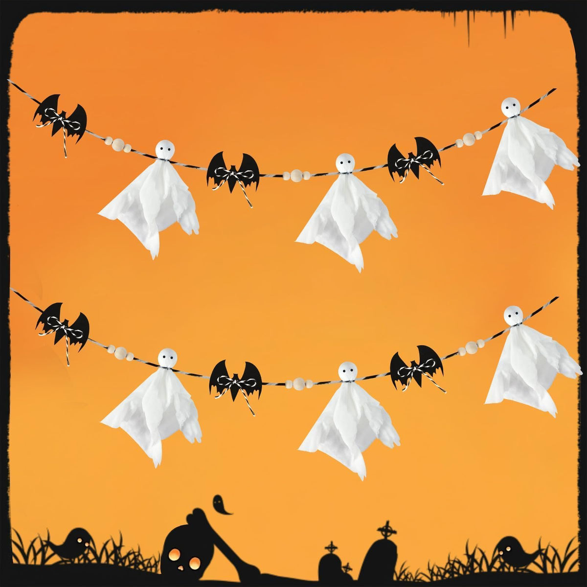 Halloween Ghost and Bat Garland, 7 ft