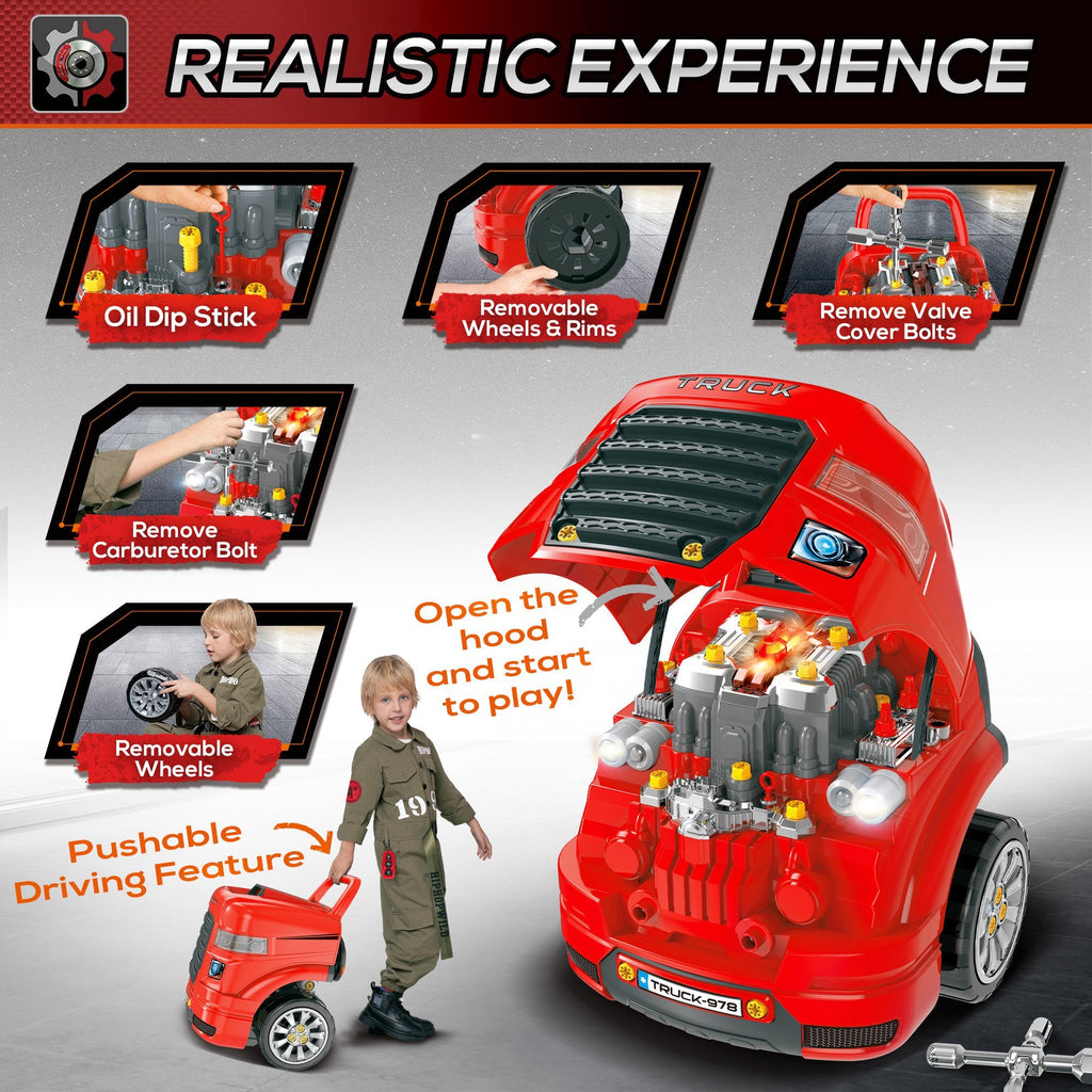 Mechanic Kids Truck Engine Toy Set, Car Service Play Set, Pink