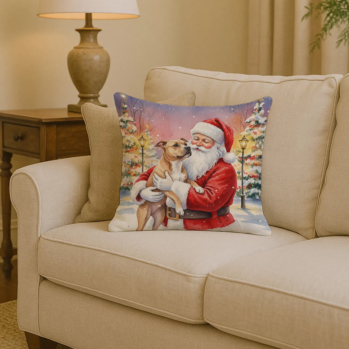 Pit Bull Terrier With Santa Claus Throw Pillow Decorative Indoor