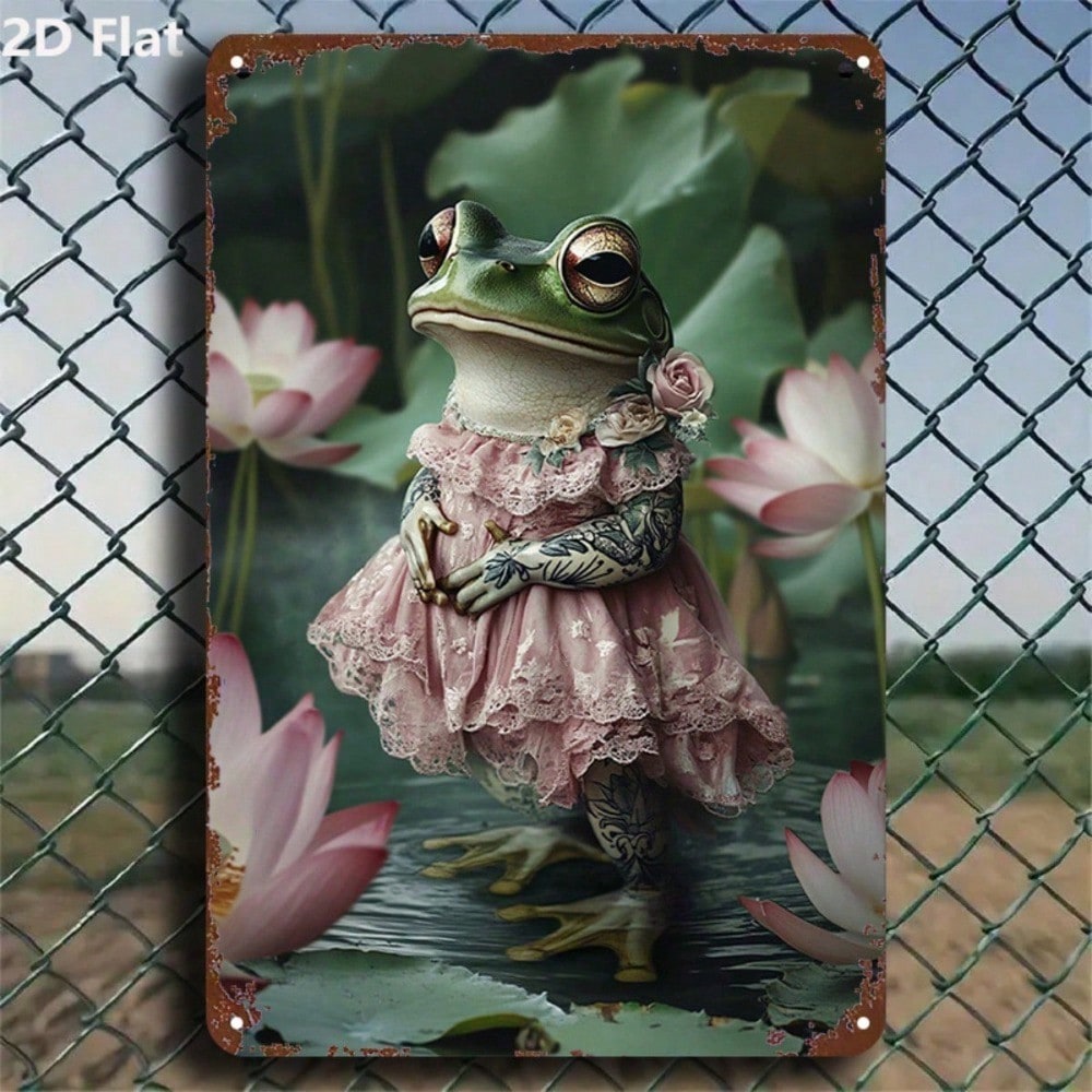 Frog Lady Tin Sign 8x12, 2D Flat Metal Wall Art Lotus Pond Vintage Decor