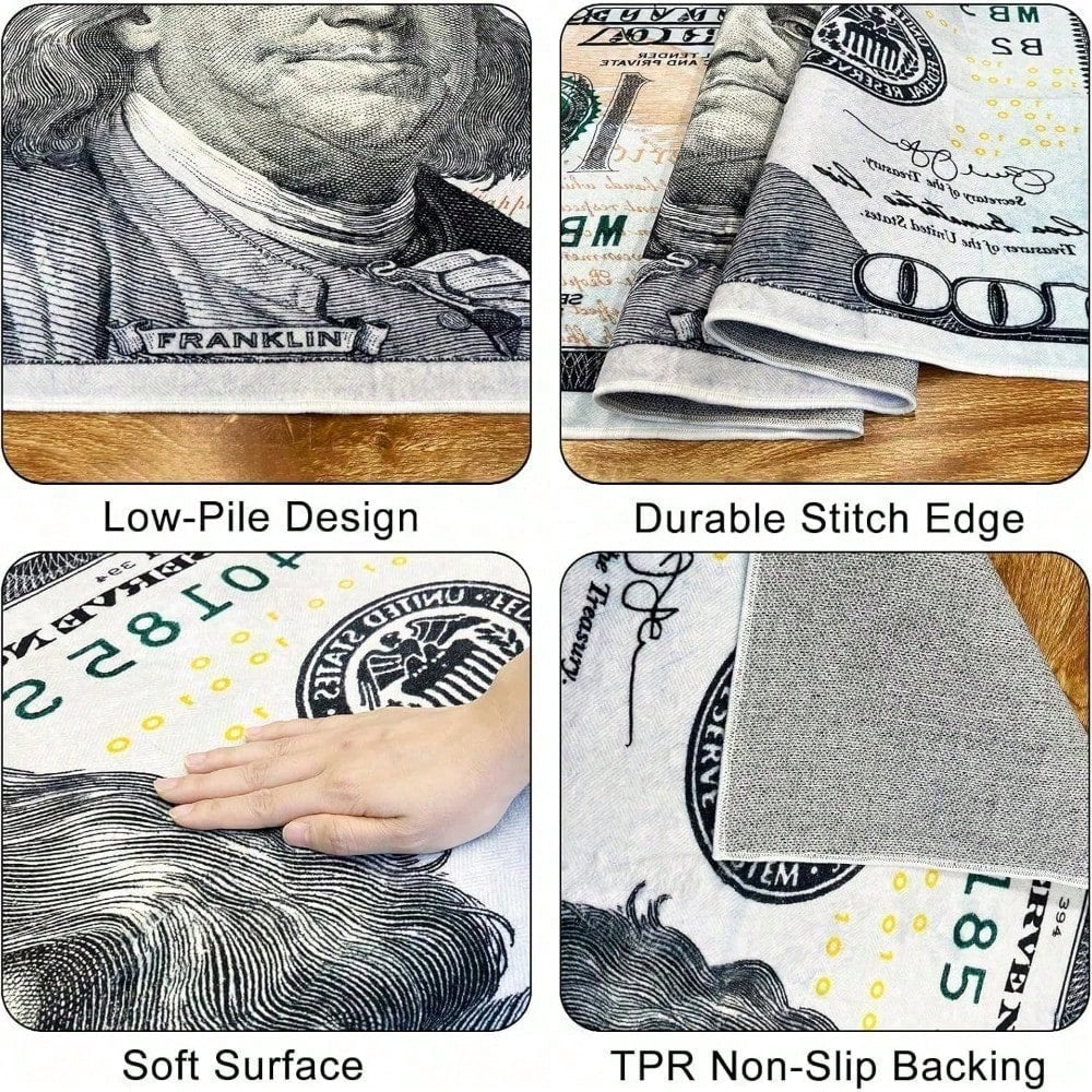 One Hundred Dollar Design Area Rug, Currency Inspired Non-slip Carpet