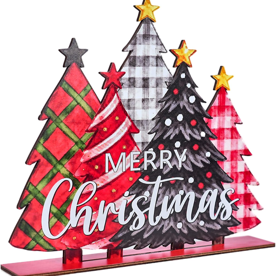 Merry Christmas Plaid Wood Table Sign, Rustic Tree Holiday Decor