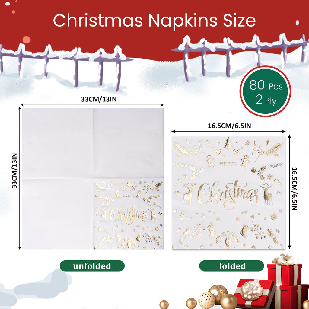 80Pcs Christmas Napkins, Disposable Gold Foil Xmas Embossed Cocktail