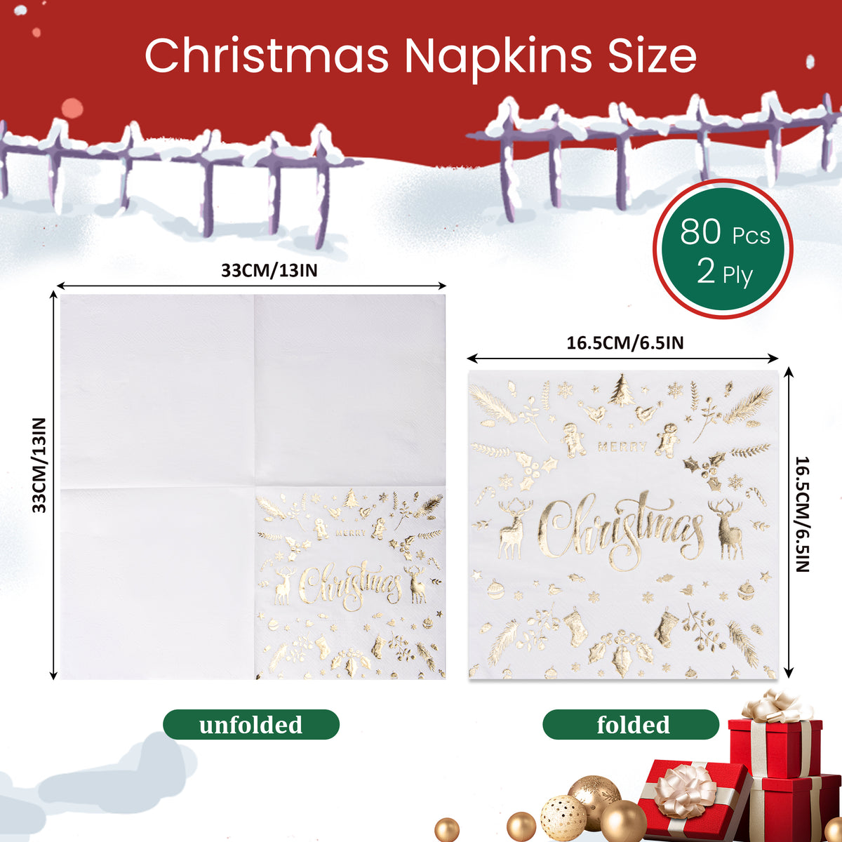 80Pcs Christmas Napkins, Disposable Gold Foil Xmas Embossed Cocktail