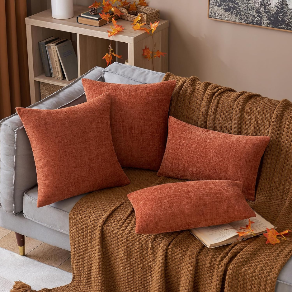 Soft Chenille Fall Throw Pillow Covers Burnt Orange 18x18 Pack Of 2