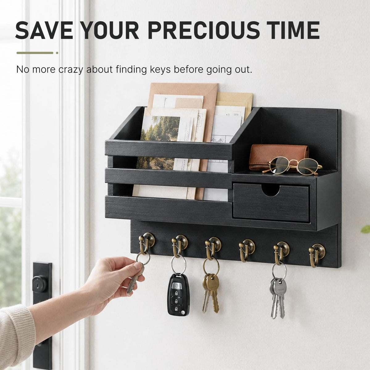 Wall Mount Key Holder With Drawer And 6 Sturdy Hooks, Black Key Rack