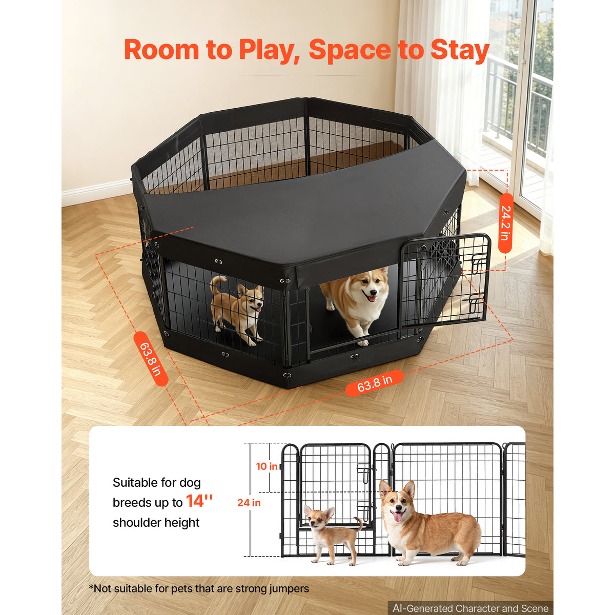 Dog Playpen 24 Inch 8 Panels Heavy Duty With Top Cover & Bottom Pad