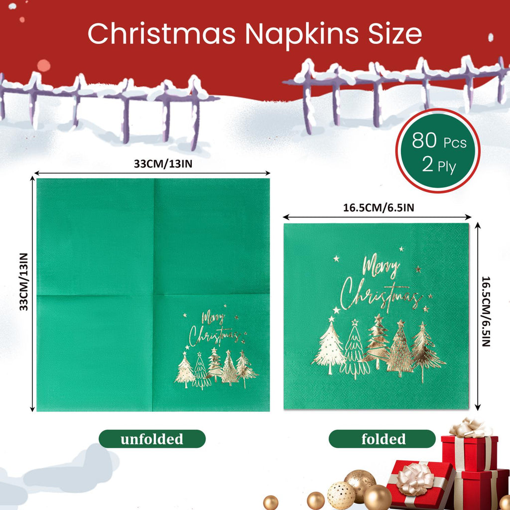 80Pcs Merry Christmas Paper Napkins, Gold Five Xmas Trees Disposable
