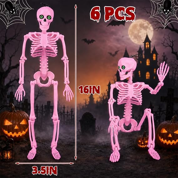 6-Piece 16-Inch Pink Halloween Skeleton Decorations With Movable Joints