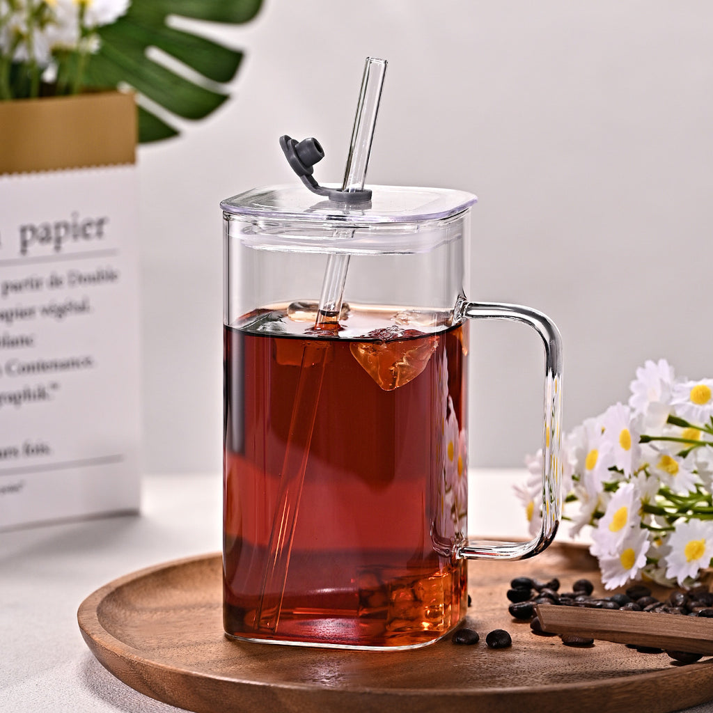 1 Pcs Blue Glass Straw Cup, 4 Colors Square Glass Cup With Straw