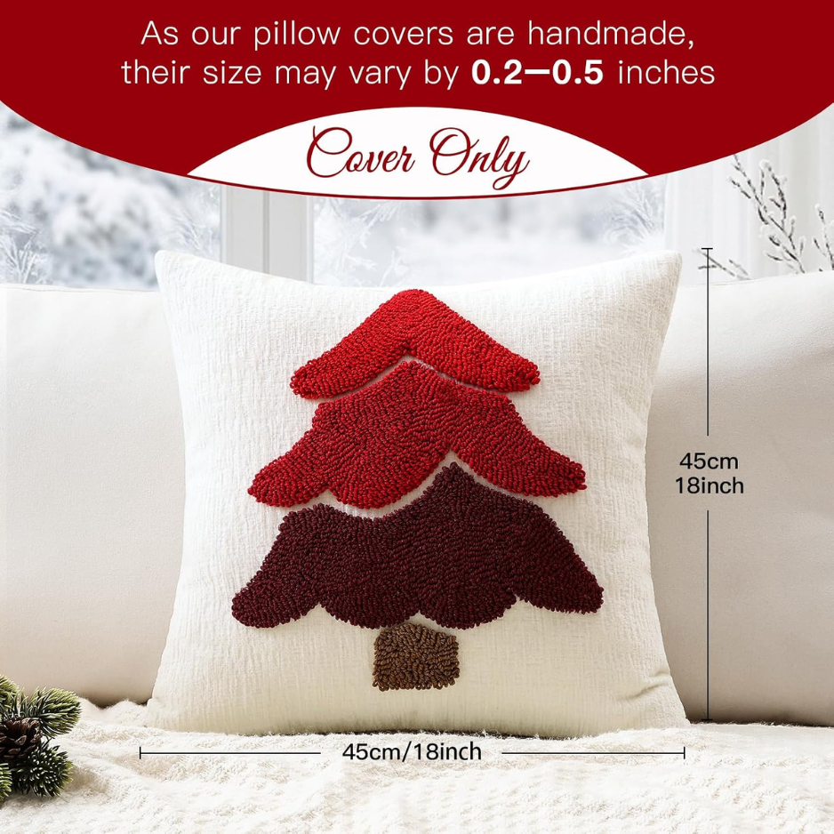 2Pcs Chenille Christmas Tree Pillow Covers 18x18, Red Holiday Decor