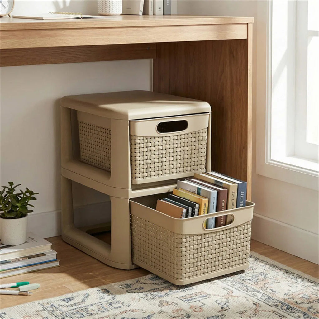 2-Drawer PP Storage Organizer Wicker Style Narrow Cabinet For Home