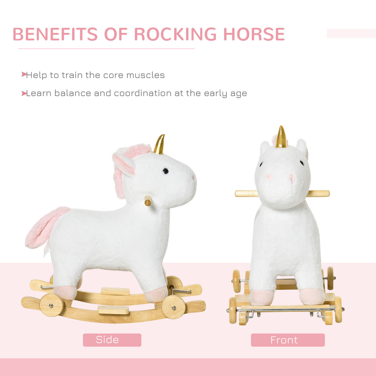 2 In 1 Kids Rocking Horse, Rolling Unicorn With Sound, Wooden Base