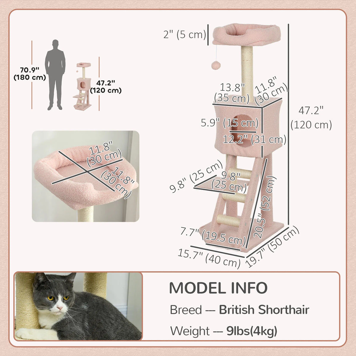 47" Tall Cat Tree Tower With Condo, Ladder, Scratching Posts