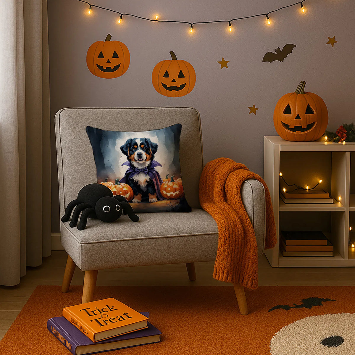 Bernese Mountain Dog Puppy Halloween Throw Pillow Machine Washable
