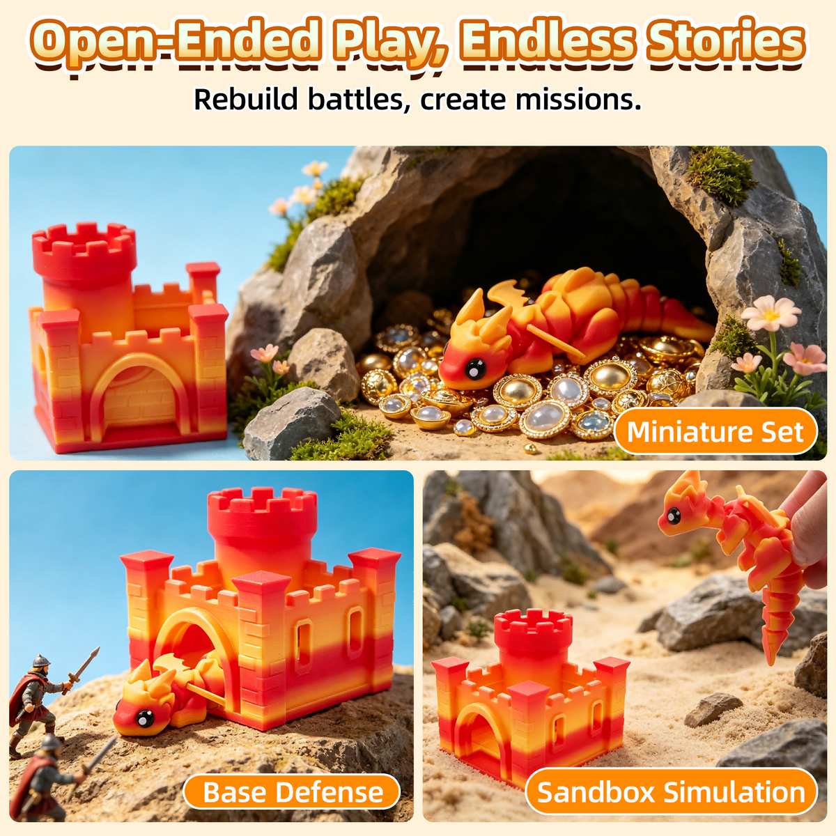 3D Printed Dragon & Castle Set, Articulated Mini Dragon With Castle