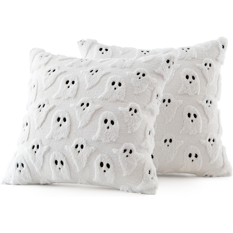 White Cute Ghost Halloween Pillow Covers 18x18 Set Of 2 Spooky