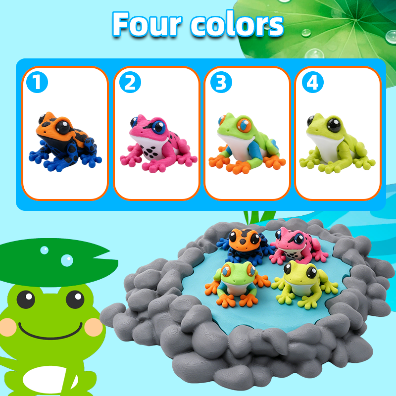 3D Printed 4PCS Colorful Frog Figurines With Pond Display, Articulated